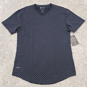 BYLT Drop‎ Cut V-Neck Lux Shirt Mens Large Navy White Polka Dot Athletic Fit